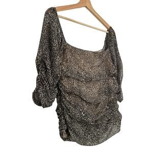 ANTHROPOLOGIE Ruched Shirred Leopard Print Stretchy Square Neck Puff Sleeve L